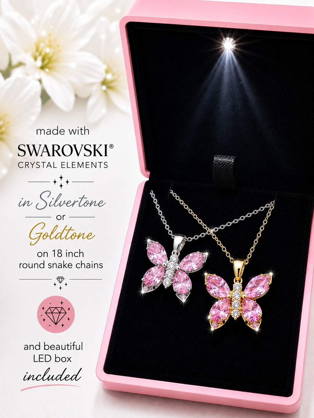 Pink Crystal Butterfly Necklace - Goldtone or Silvertone